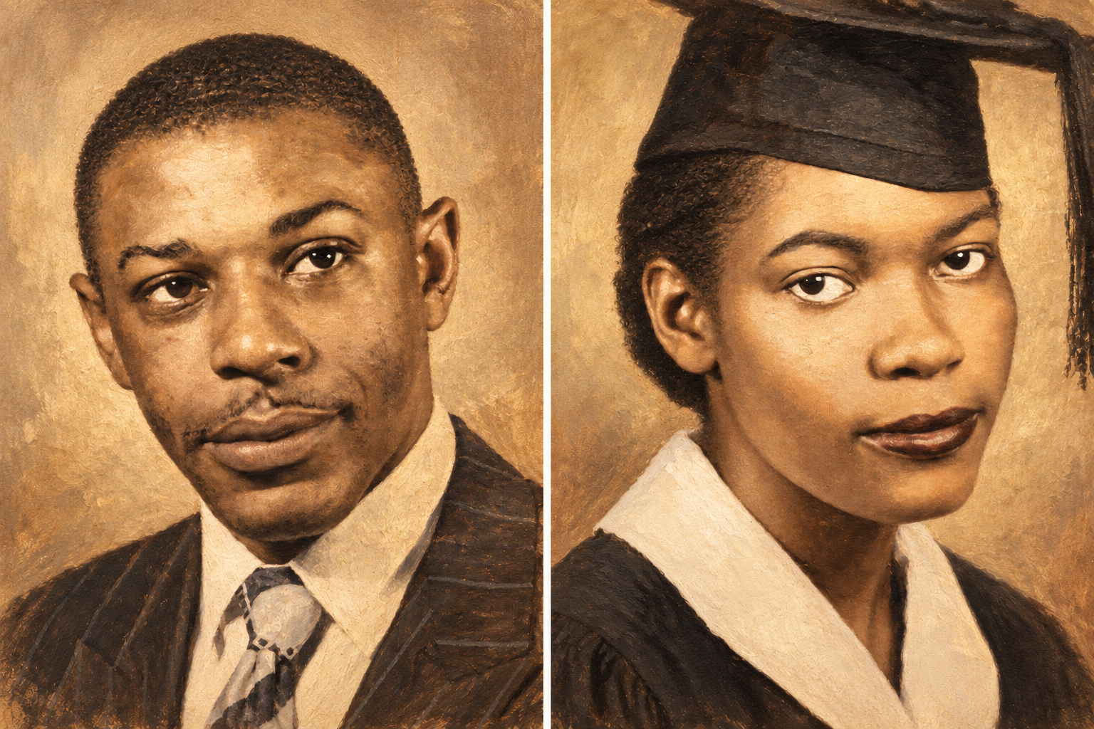 Painterly portraits of Booker and Esther based on their archival photographs